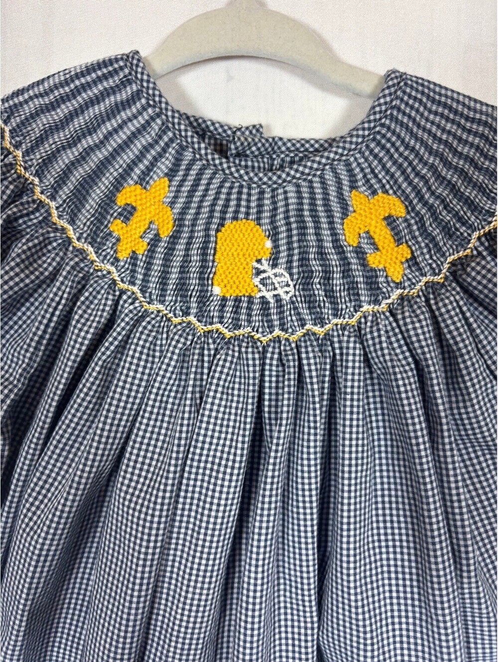 Kash Kreations Girls 7 Gingham Smocked Football Fleur De Lis Bishop Dress Saints - Picture 2 of 5